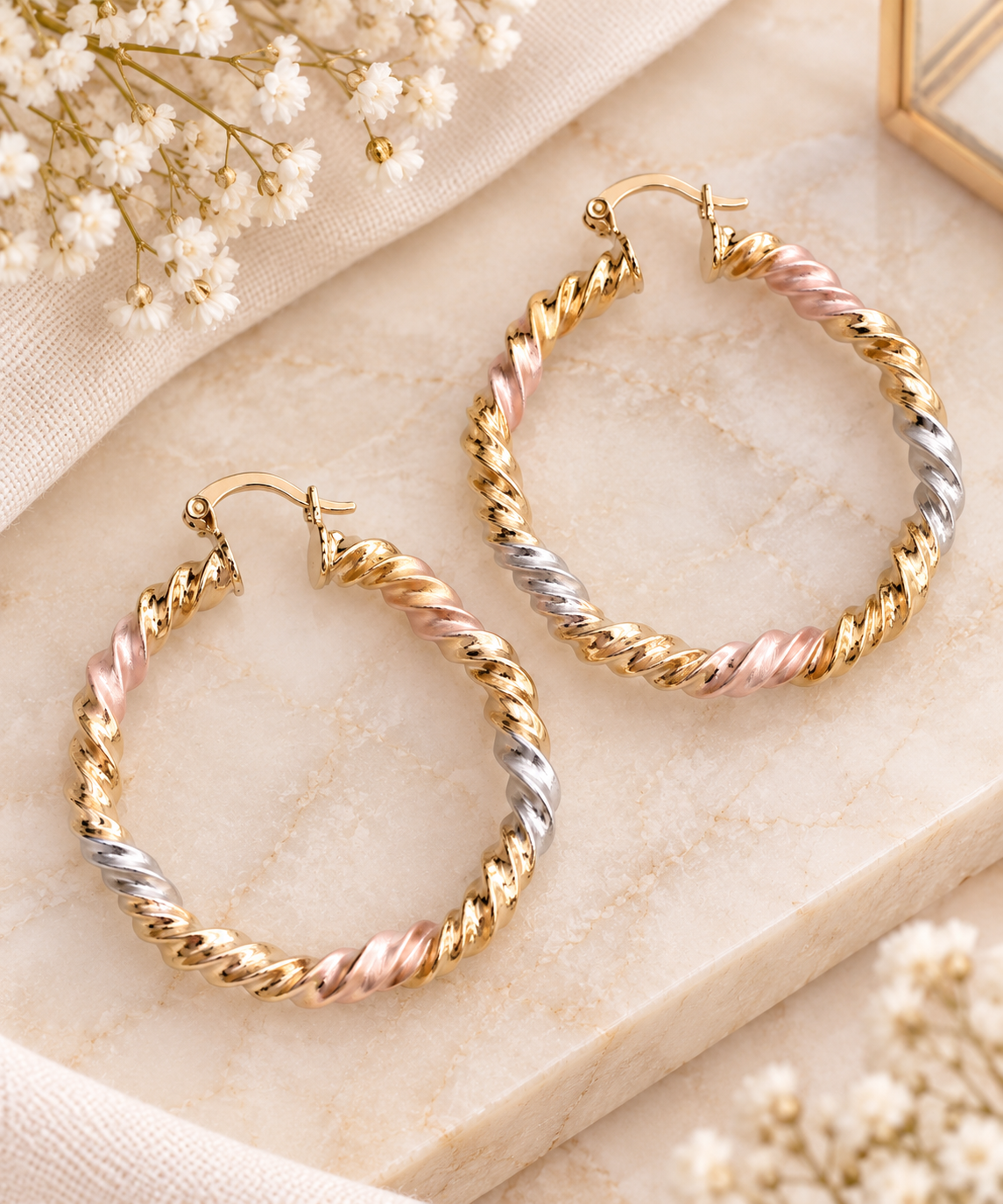 Gold Plated Silver, Gold & Rose Gold Tone Twisted Hoop Earrings (#10)