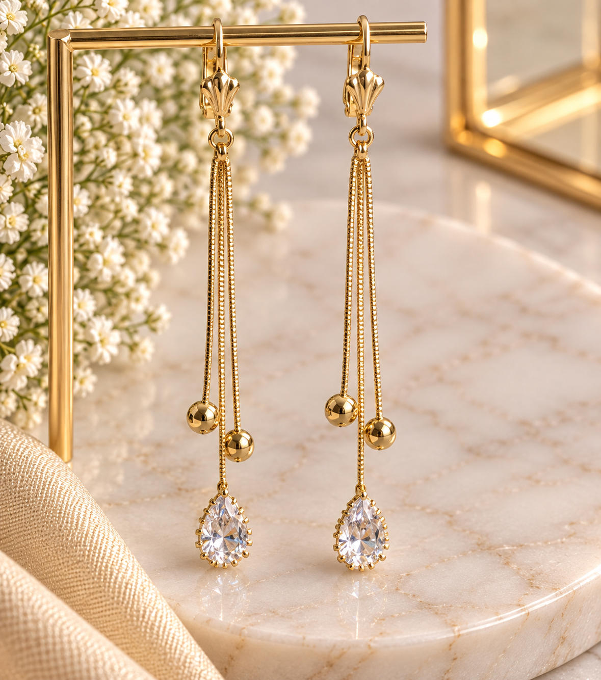 14k Gold Plated Crystal Teardrop Gold Tassel Earrings (#17)