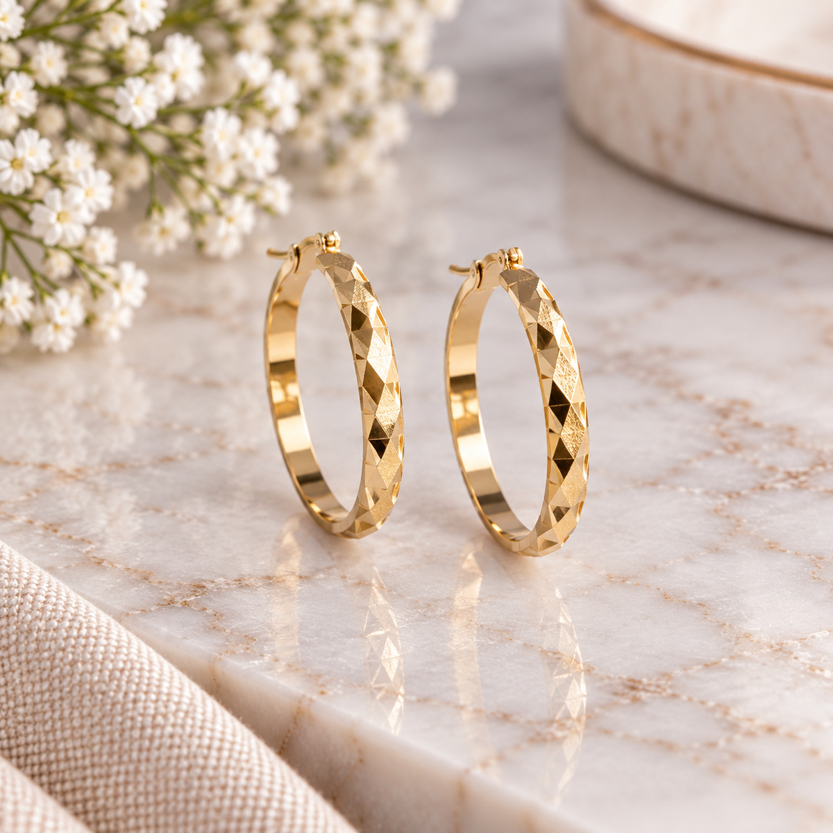 14k Gold Plated Faceted Diamond-Cut Gold Hoop Earrings (#24)