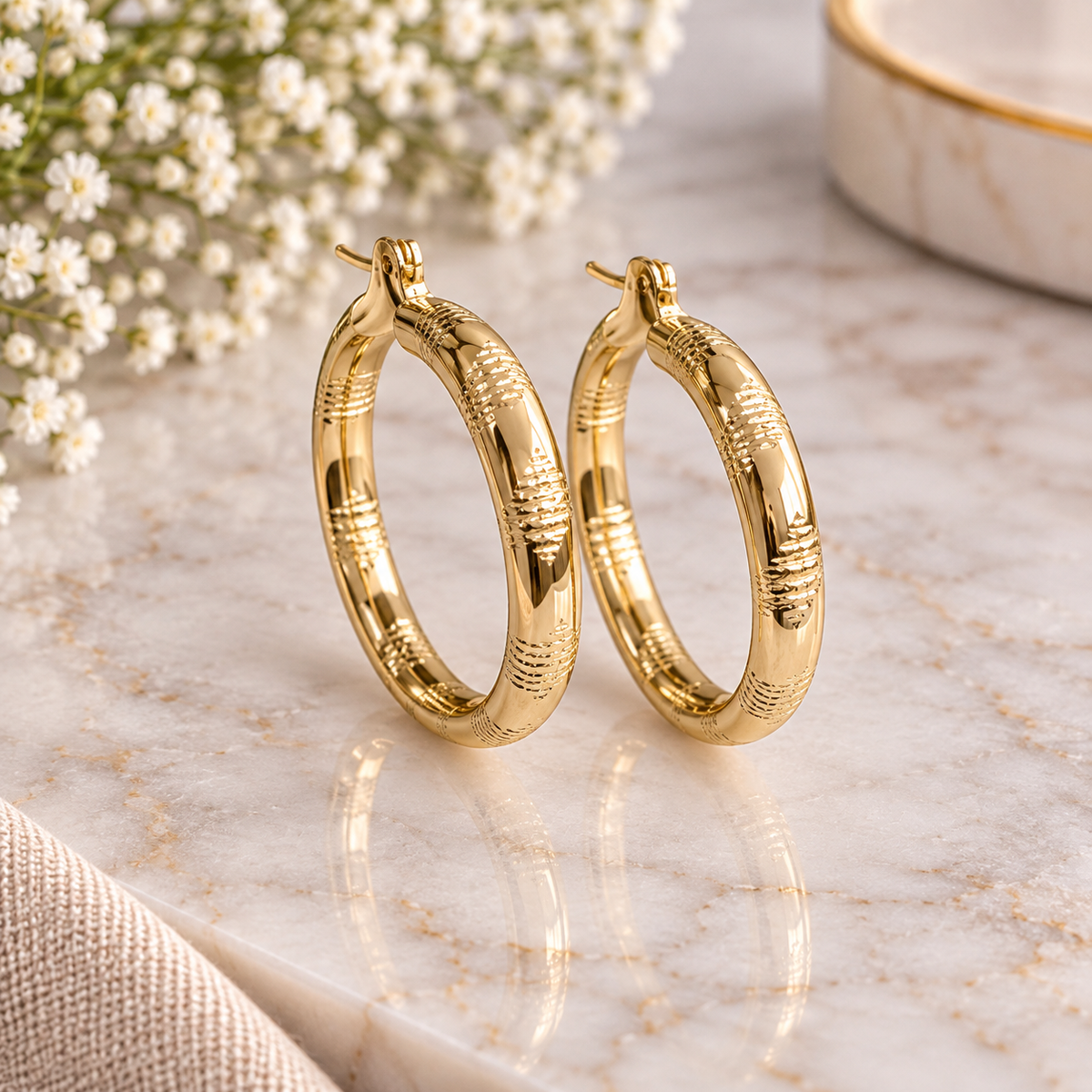 14k Gold Plated Textured Gold Hoop Earrings (#25)