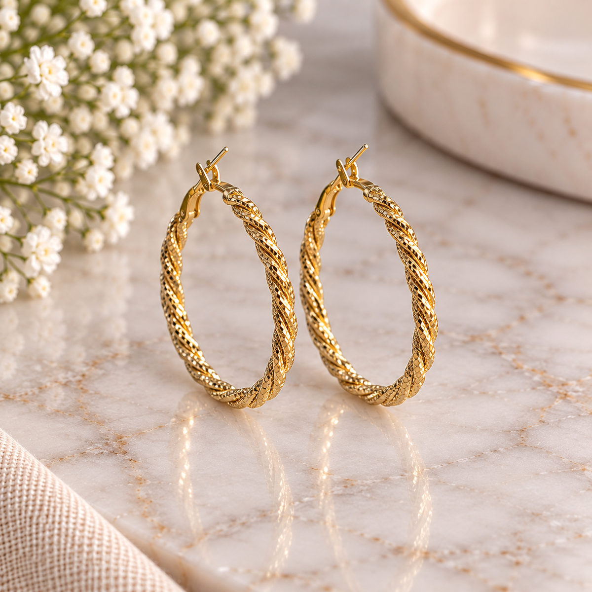 14k Gold Plated Twisted Diamond-Cut Gold Hoop Earrings (#26)