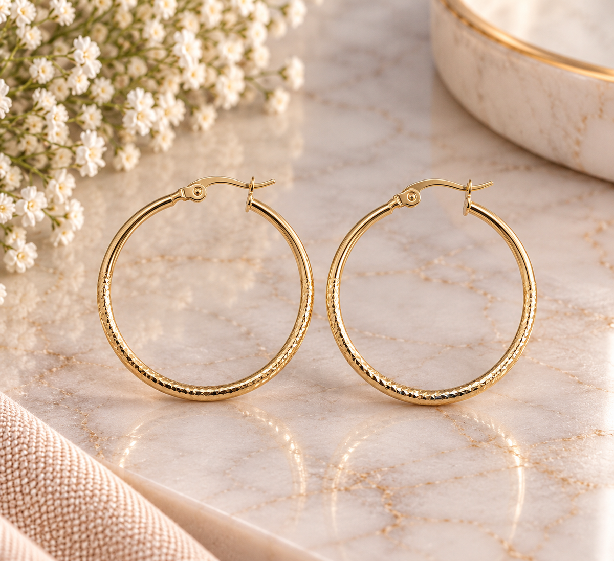 14k Gold Plated Classic Textured Gold Hoop Earrings (#29)