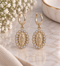 ✨ 14k Gold Plated Virgin Mary Crystal Medallion Drop Earrings (#30)
