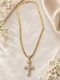 14k Gold Plated Crowned Cross Cuban Chain Necklace (#32)