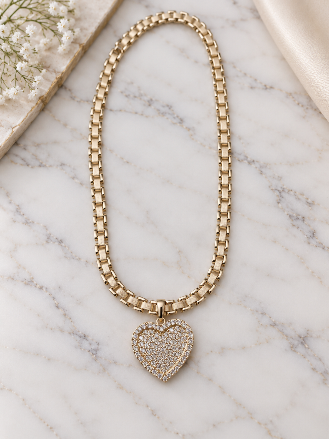 14k Gold Plated Sparkling Pavé Heart Gold-Tone Necklace (#34)