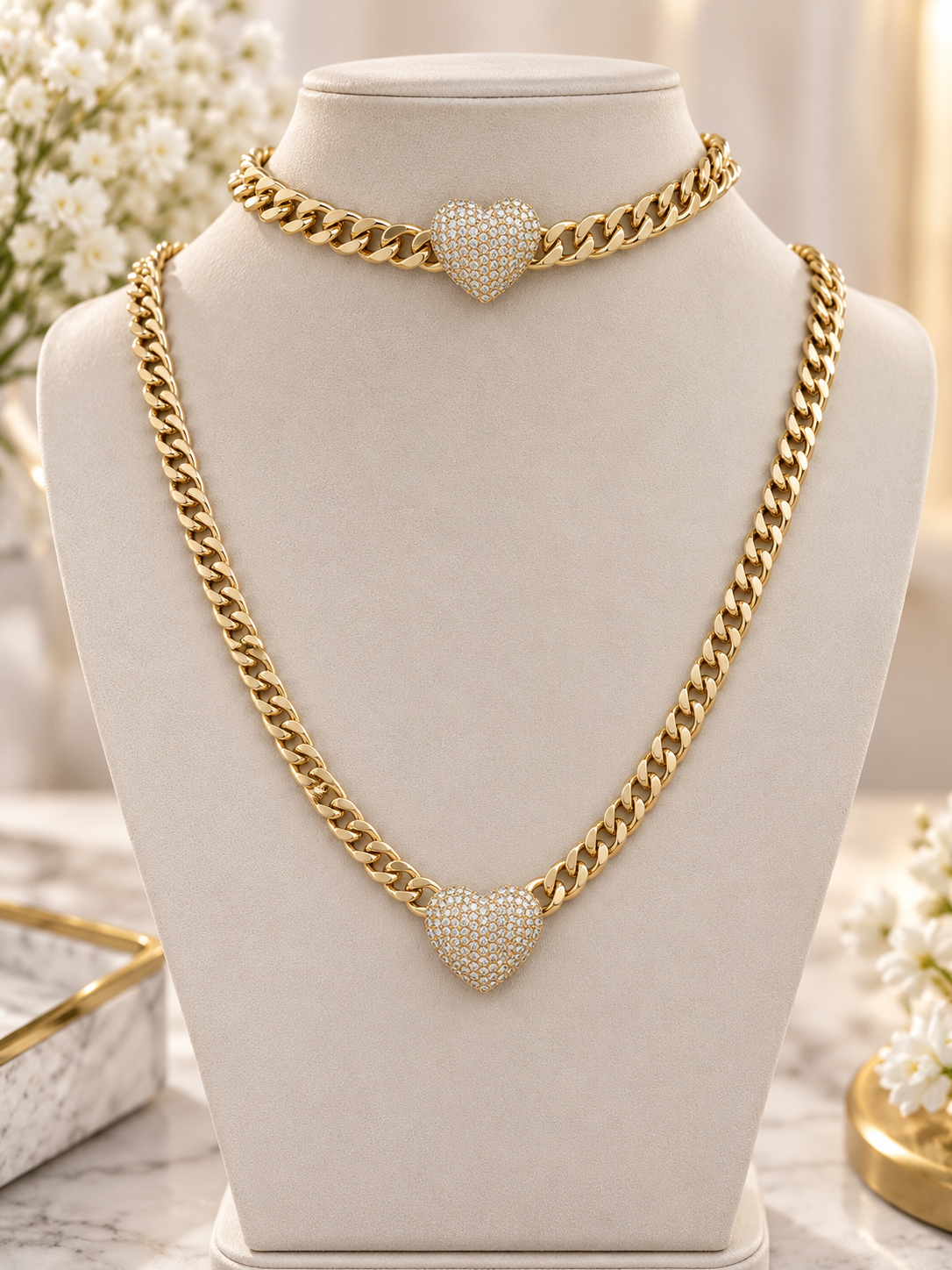 14k Gold Plated Sparkling Pavé Heart Gold-Tone Necklace & Bracelet Set (#35)