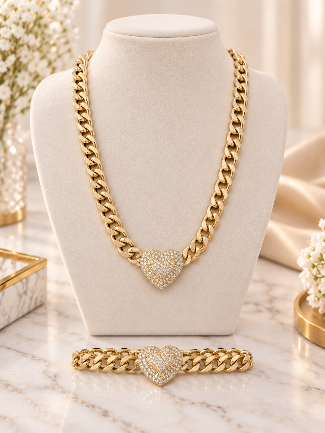 14k Gold Plated Sparkling Layered Heart Gold-Tone Necklace & Bracelet Set (#36)