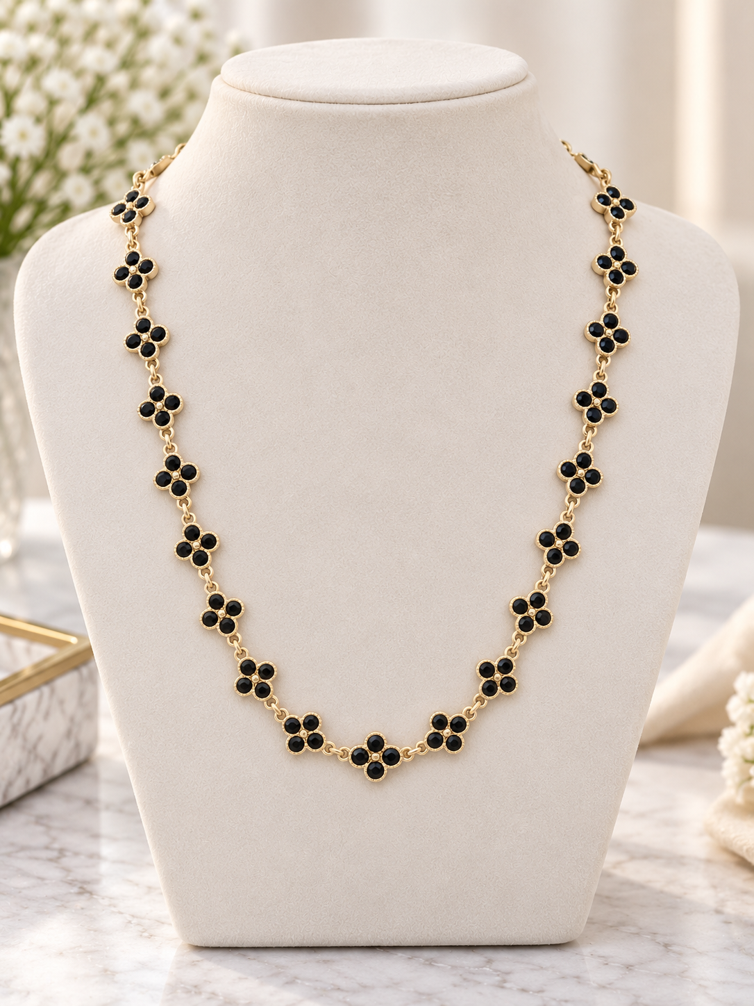 Gold Plated Black Stone Floral Gold-Tone Necklace (#37)