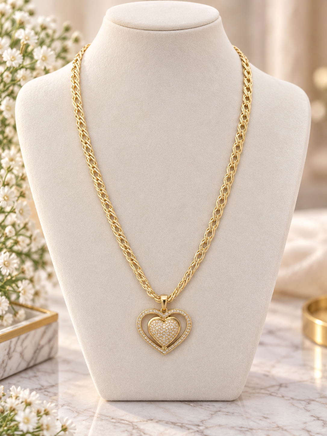 14k Gold Plated Sparkling Double Heart Gold-Tone Necklace (#38)
