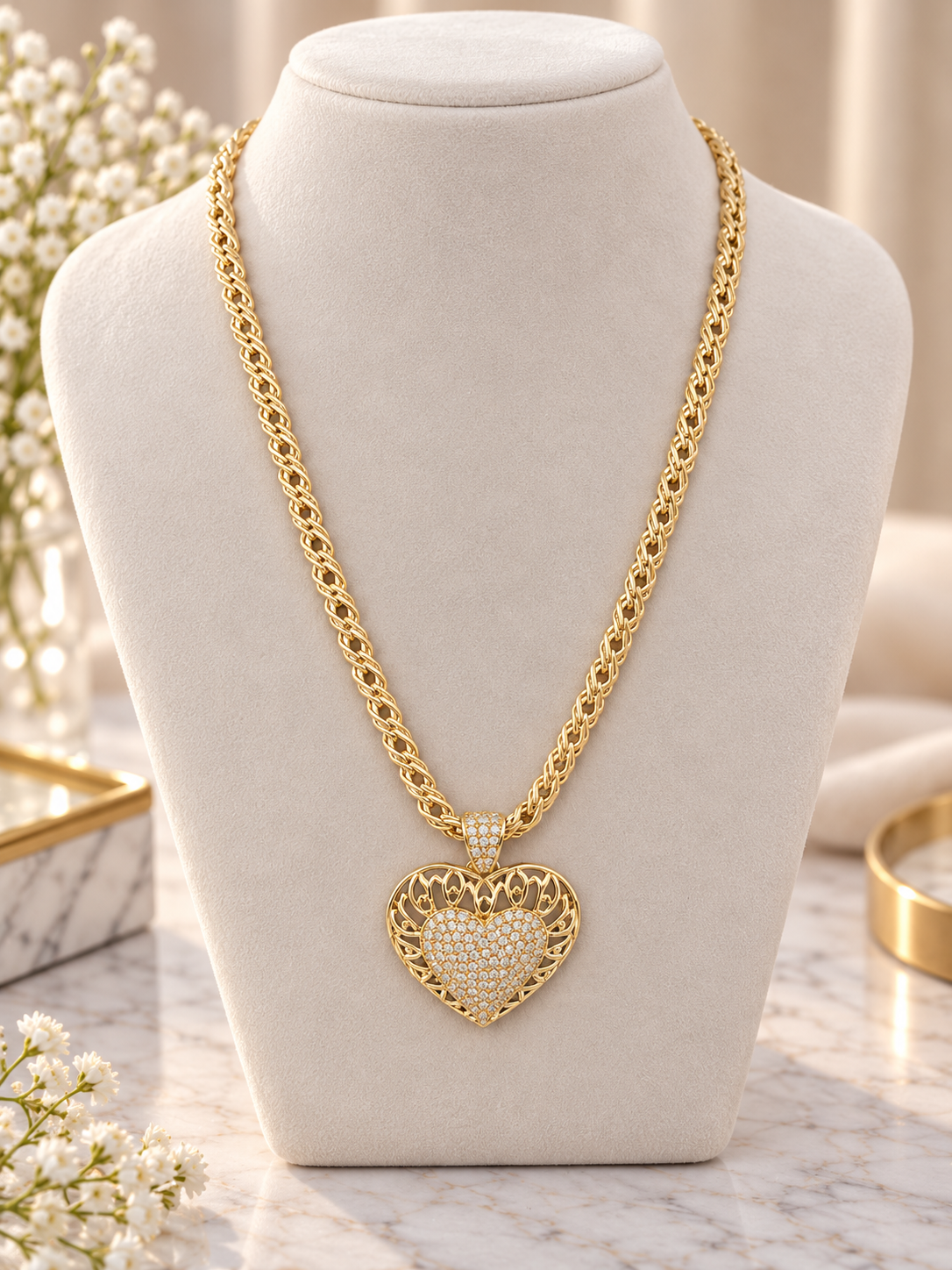14k Gold Plated Sparkling Filigree Heart Gold-Tone Necklace (#39)