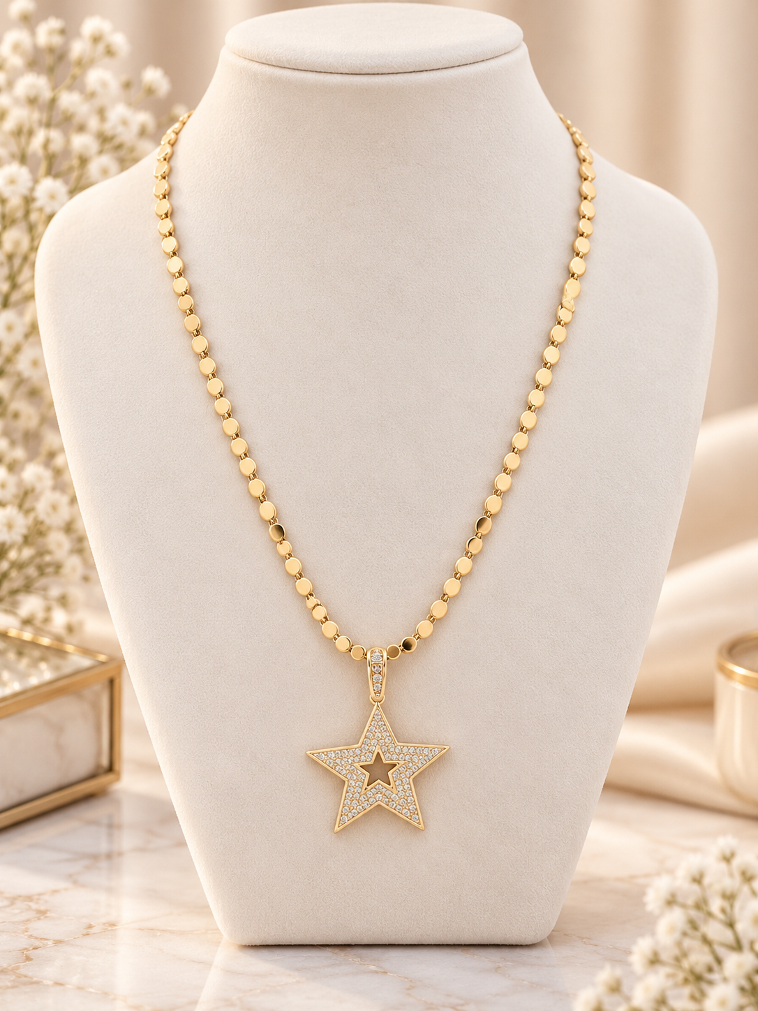 14k gold plated Sparkling Open Star Gold-Tone Necklace (#41)
