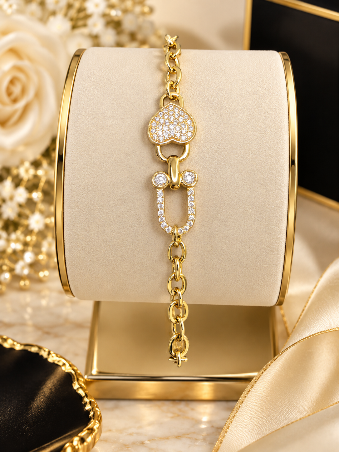 ✨ Sparkling Heart Link Gold-Tone Bracelet (#42)