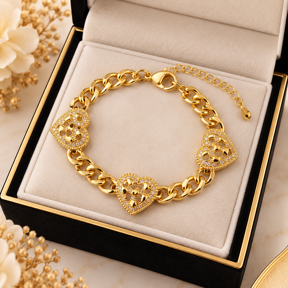 ✨ Gold Triple Heart Adjustable Chain Bracelet (#53)