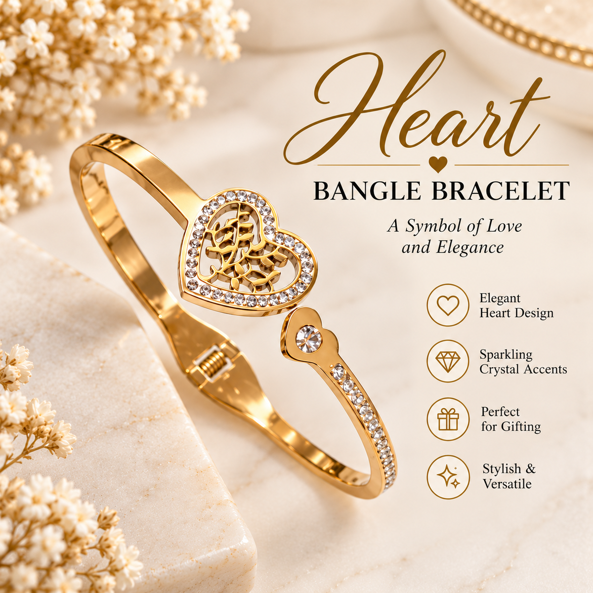 Gold Crystal Heart Bangle Bracelet (#60)