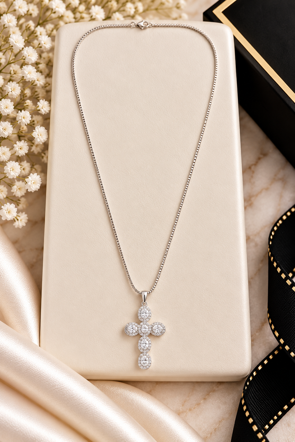✨ Silver Crystal Circle Cross Necklace (#72)