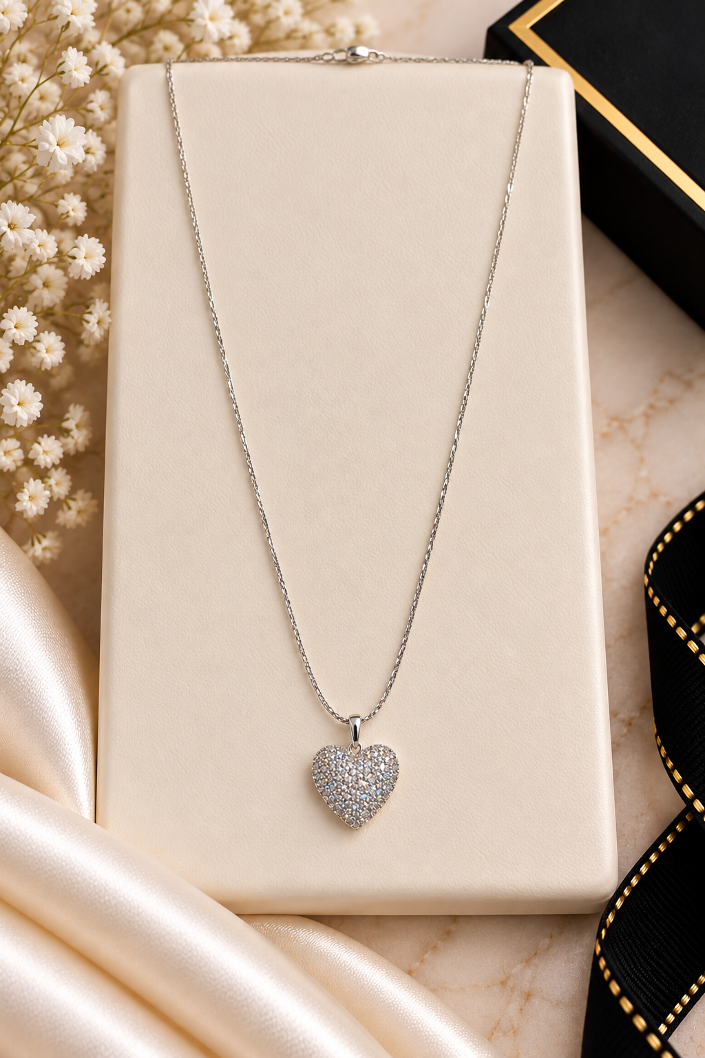 ✨ Dainty Silver Sparkling Heart Pendant Necklace (#73)