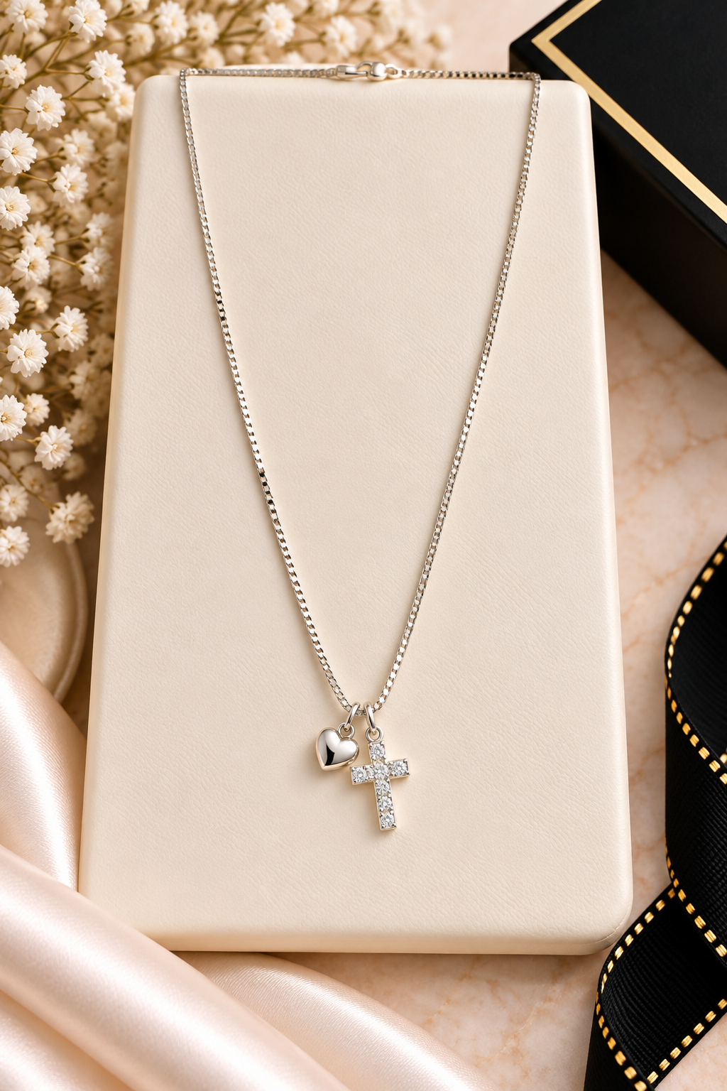 ✨ Silver Heart & Sparkling Cross Charm Necklace (#74)