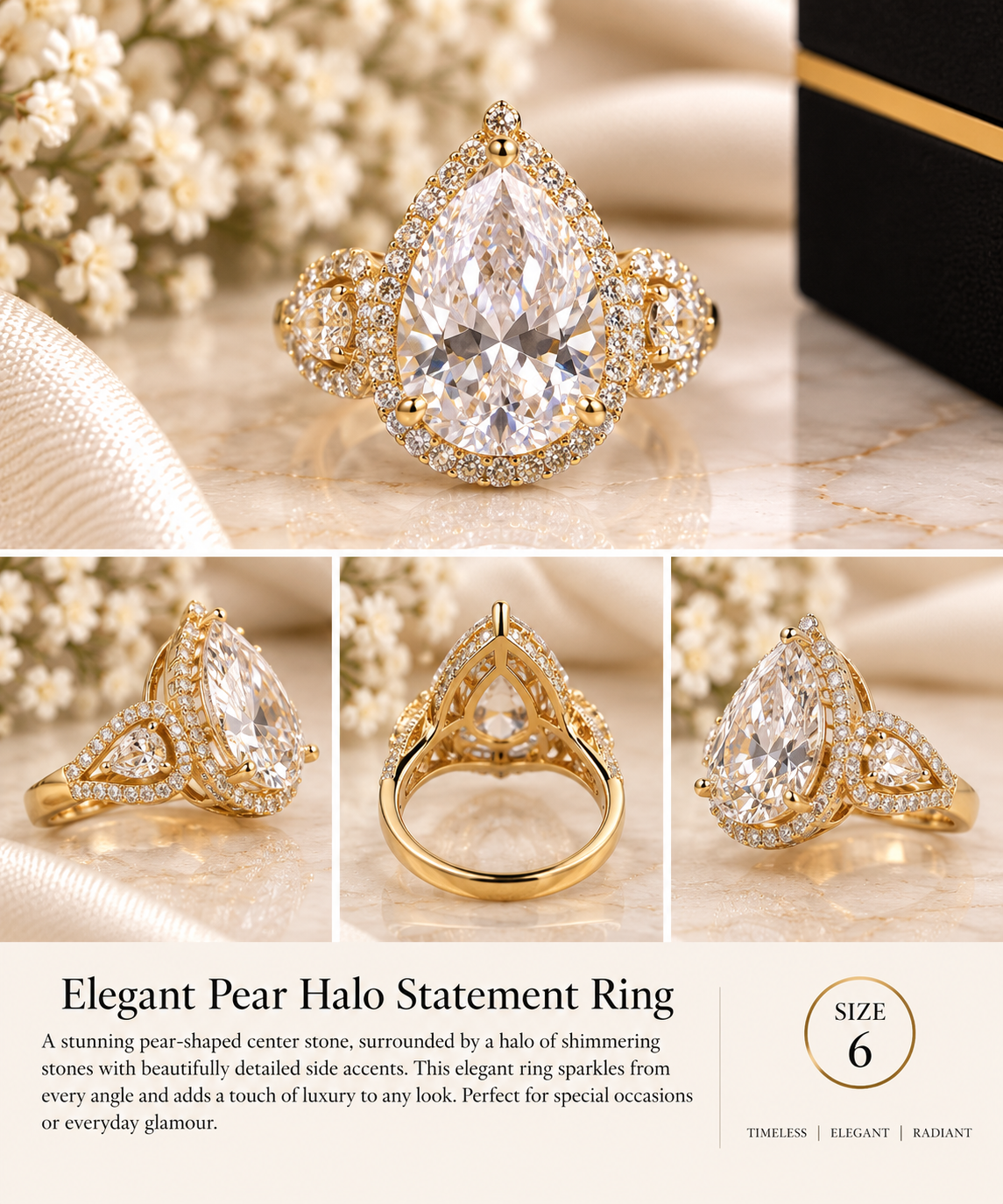 ✨ Elegant Pear-Shaped Halo Statement Ring – Size 6 (#76)