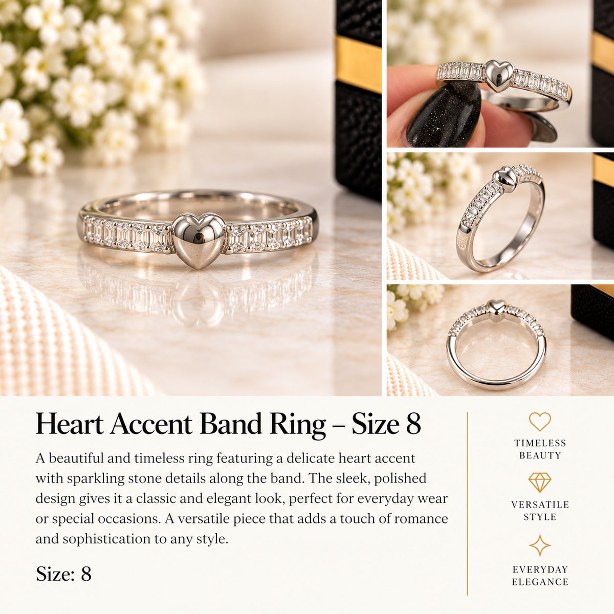 Silver-Tone Sparkling Heart Accent Ring – Size8 (#78)