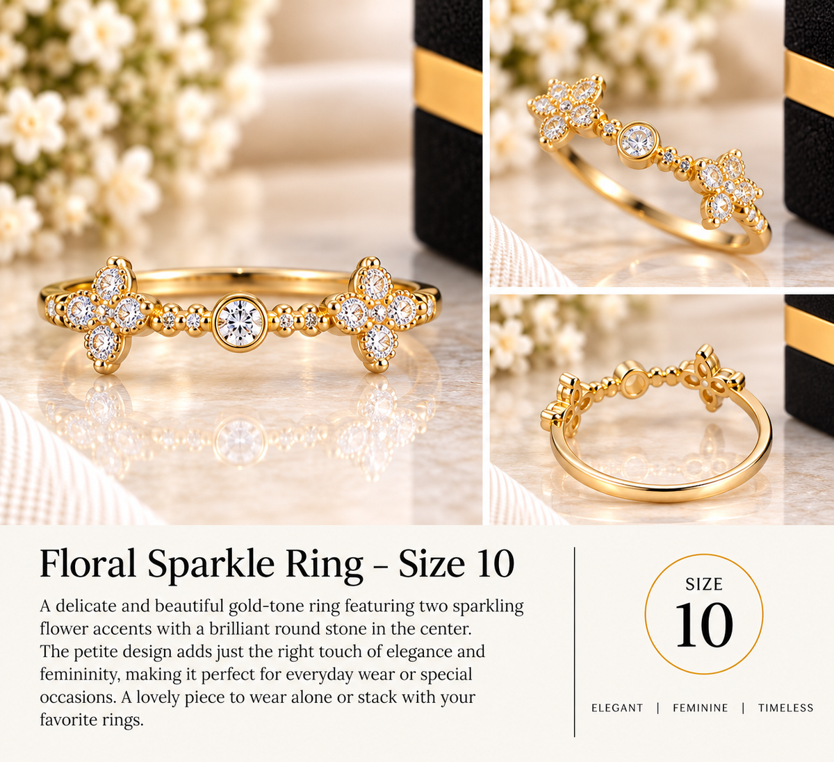 Floral Sparkle Open-Design Ring – Size 10 (#82)