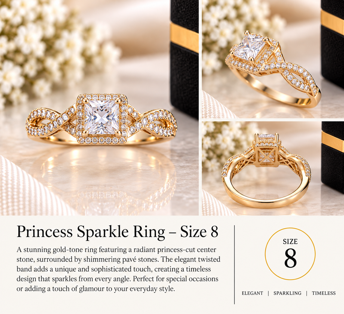 ✨ Princess-Cut Sparkle Twist Ring – Size 8 (#83)