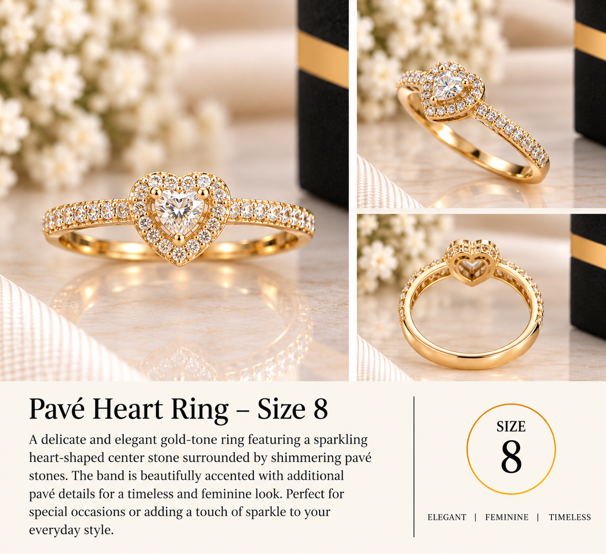 Sparkling Heart Halo Ring – Size 8 (#85)