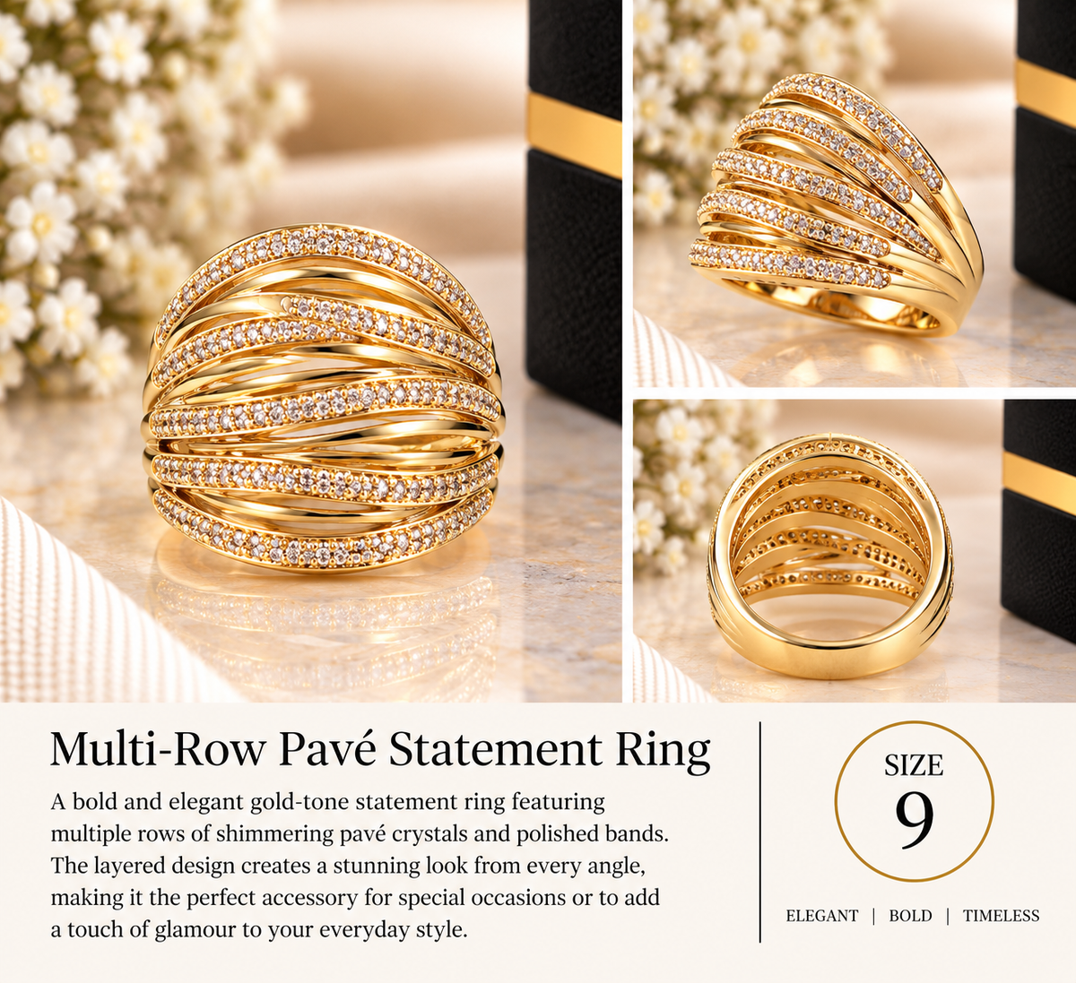 Multi-Row Pavé Statement Ring – Size 9 (#86)