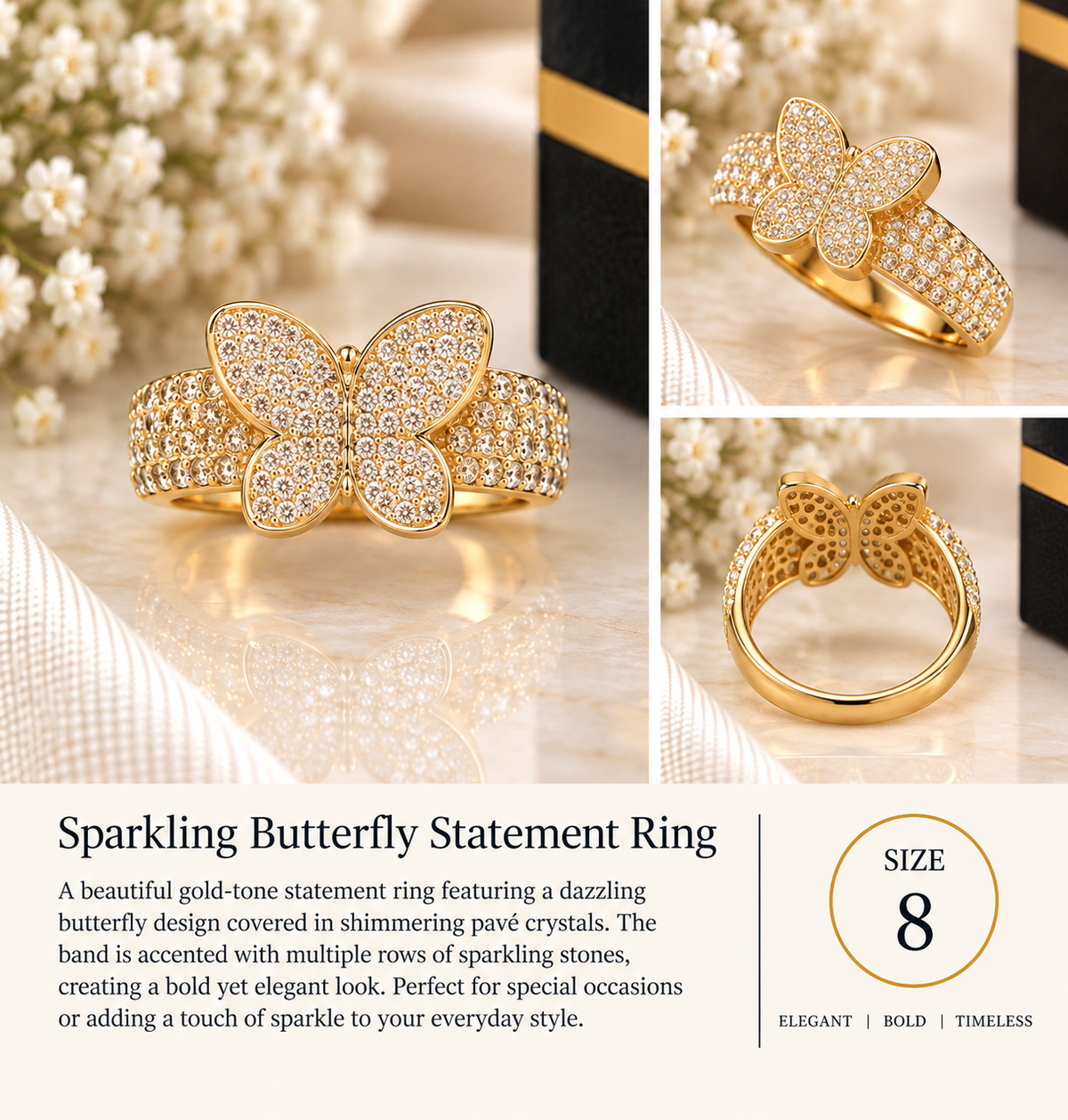 Sparkling Butterfly Statement Ring – Size 8 (#87)