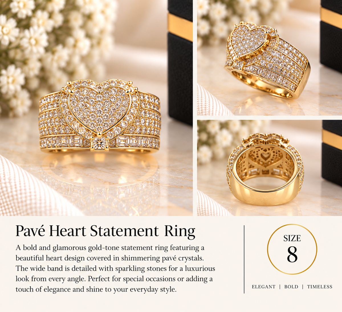 Pavé Heart Sparkle Statement Ring – Size 8 (#88)