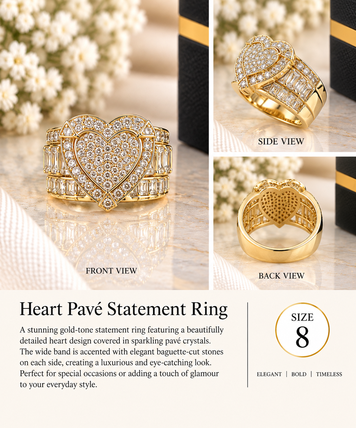 Sparkling Heart Pavé Statement Ring – Size 8 (#90)