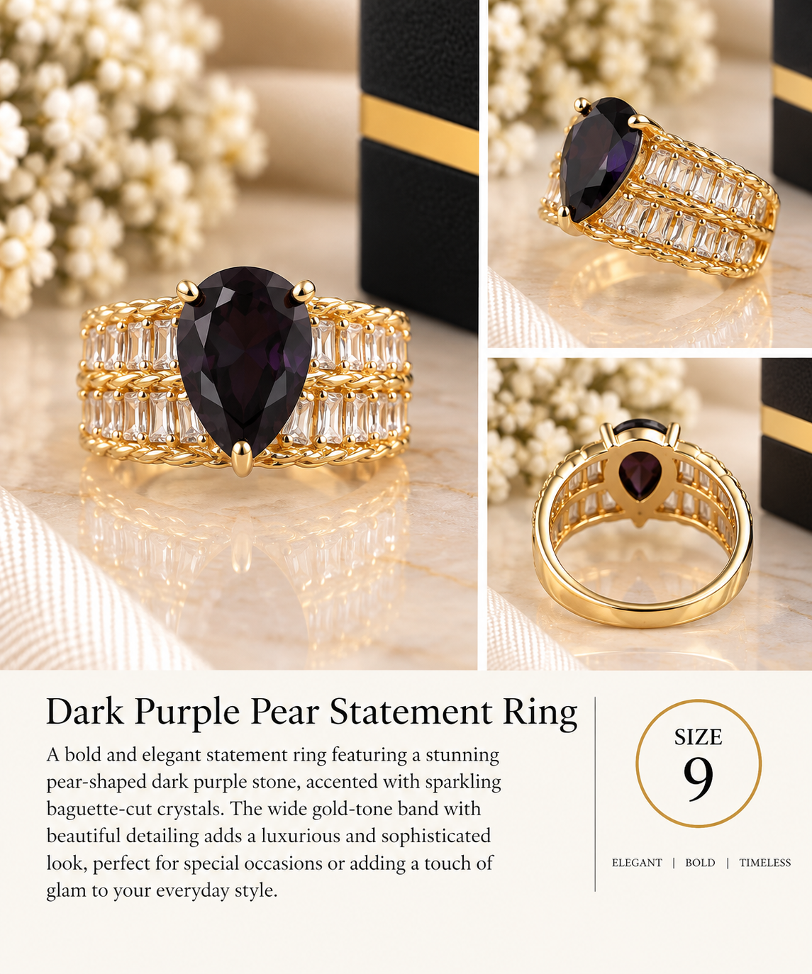 Dark Purple Pear-Cut Crystal Statement Ring – Size 9 (#92)