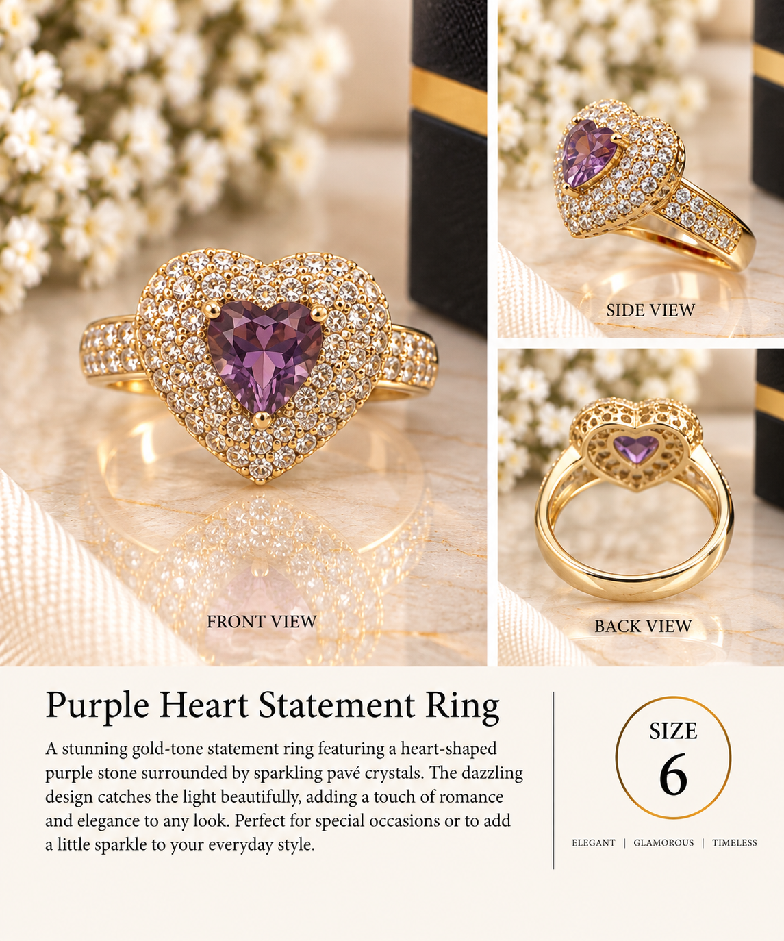 Purple Heart Crystal Statement Ring – Size 6 (#93)