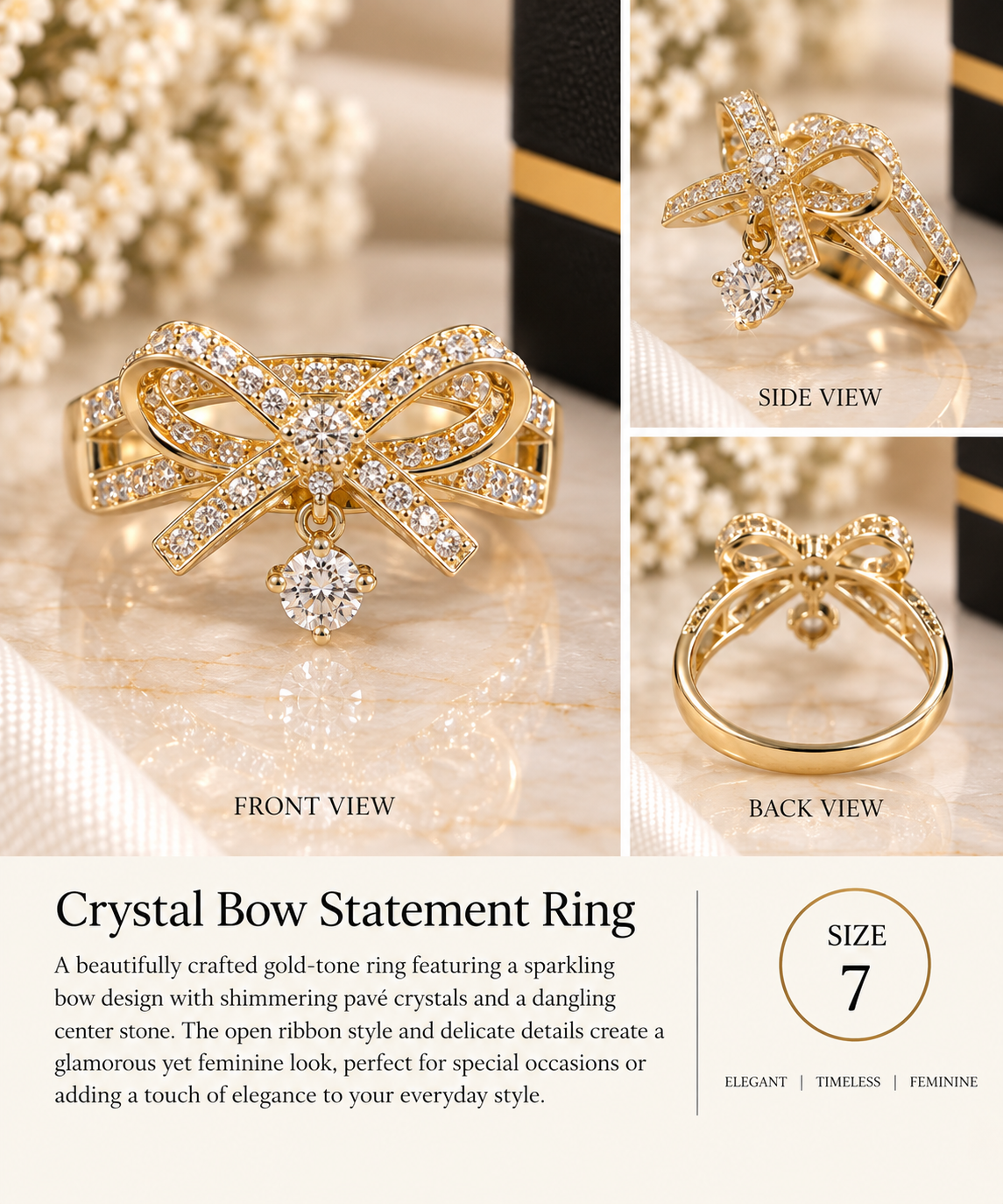 Crystal Bow Dangle Statement Ring – Size 7 (#94)