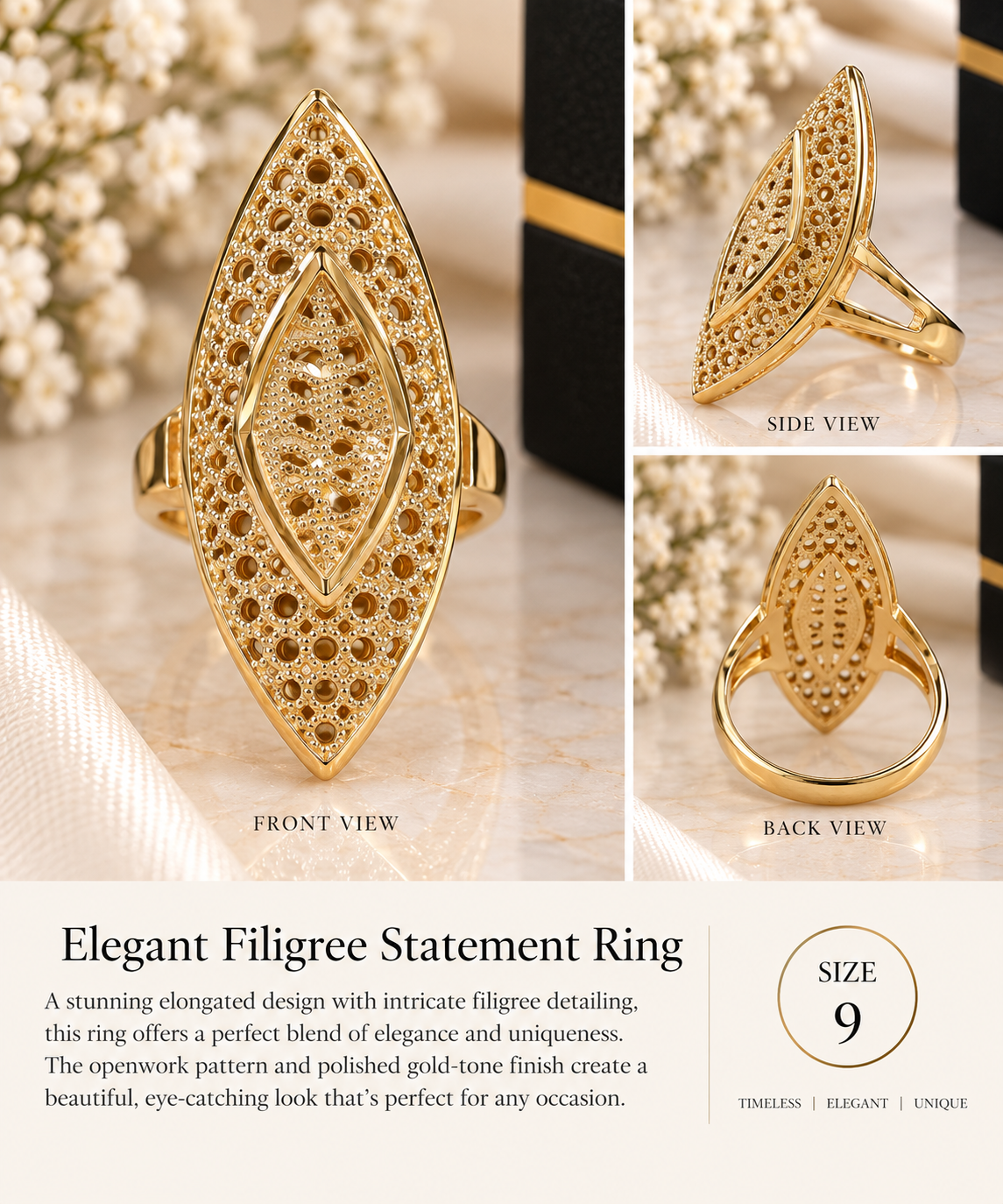 Elegant Gold Filigree Marquise Statement Ring – Size 9 (#95)
